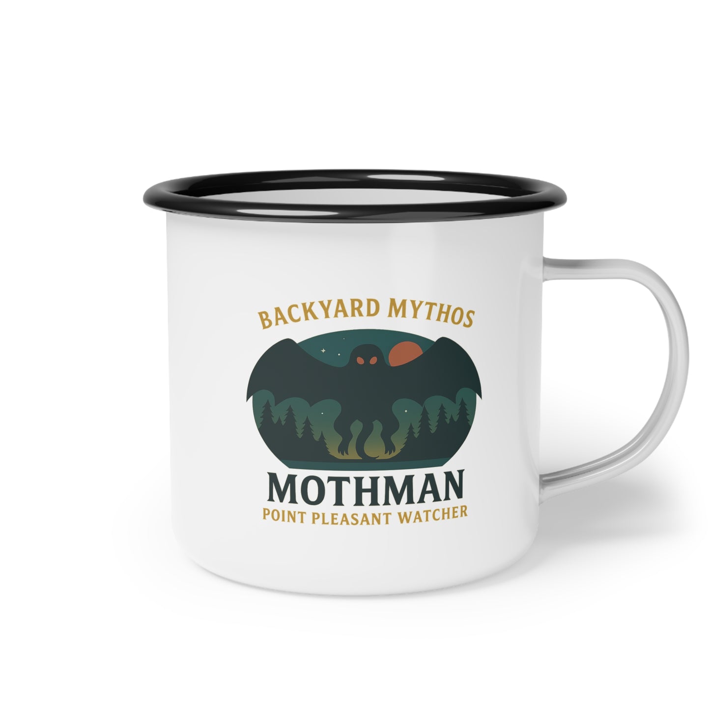 Backyard Mythos Moth man Enamel Camping Mug – Point Pleasant Watcher
