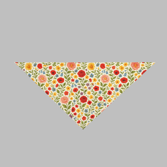 Floral patterned triangle-shaped dog scarf on a white background