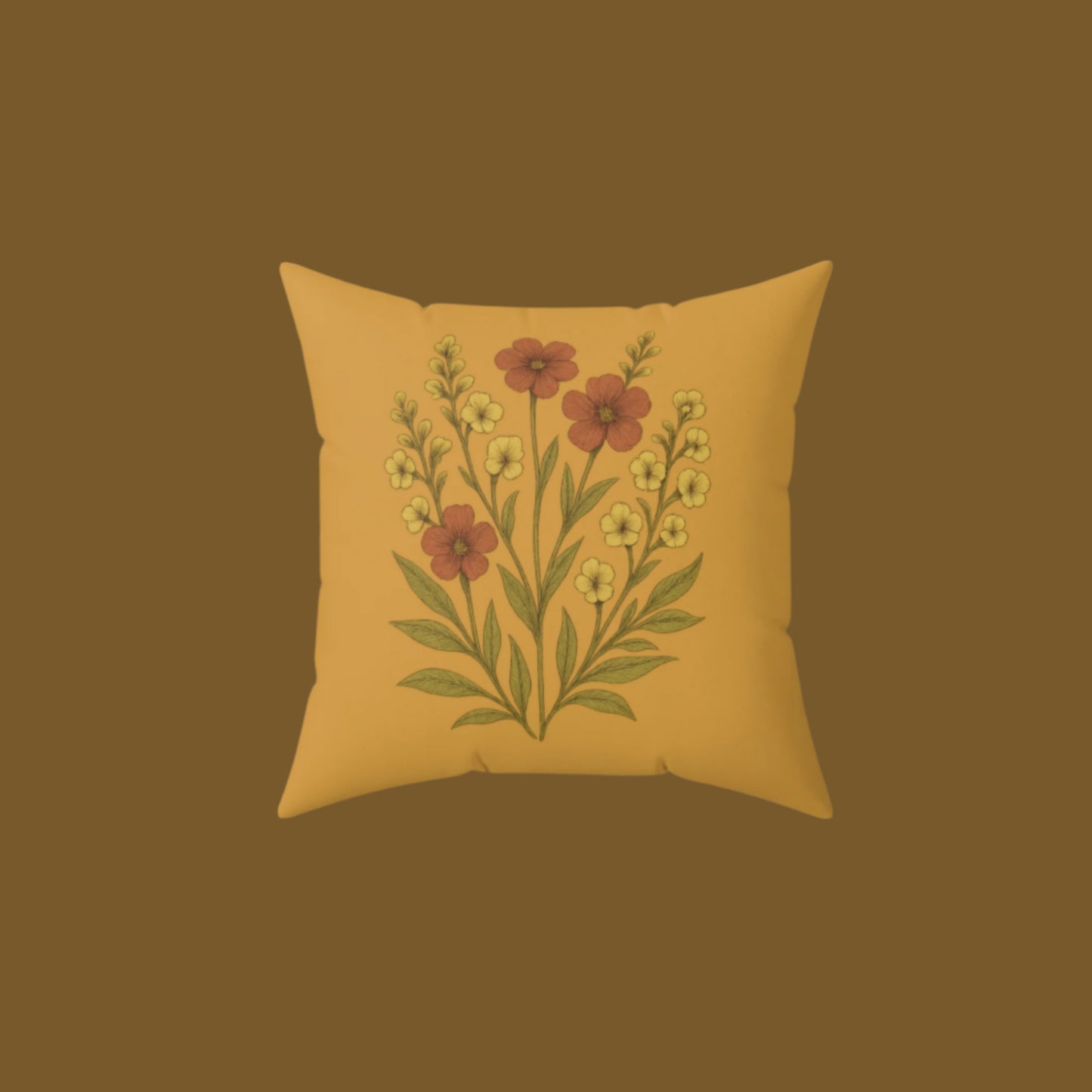 Wildflower Mustard Square Pillow for Home Decor, Floral Accent Cushion, Decorative Throw Pillow Set, Red and White Flowers, Spun Polyester
