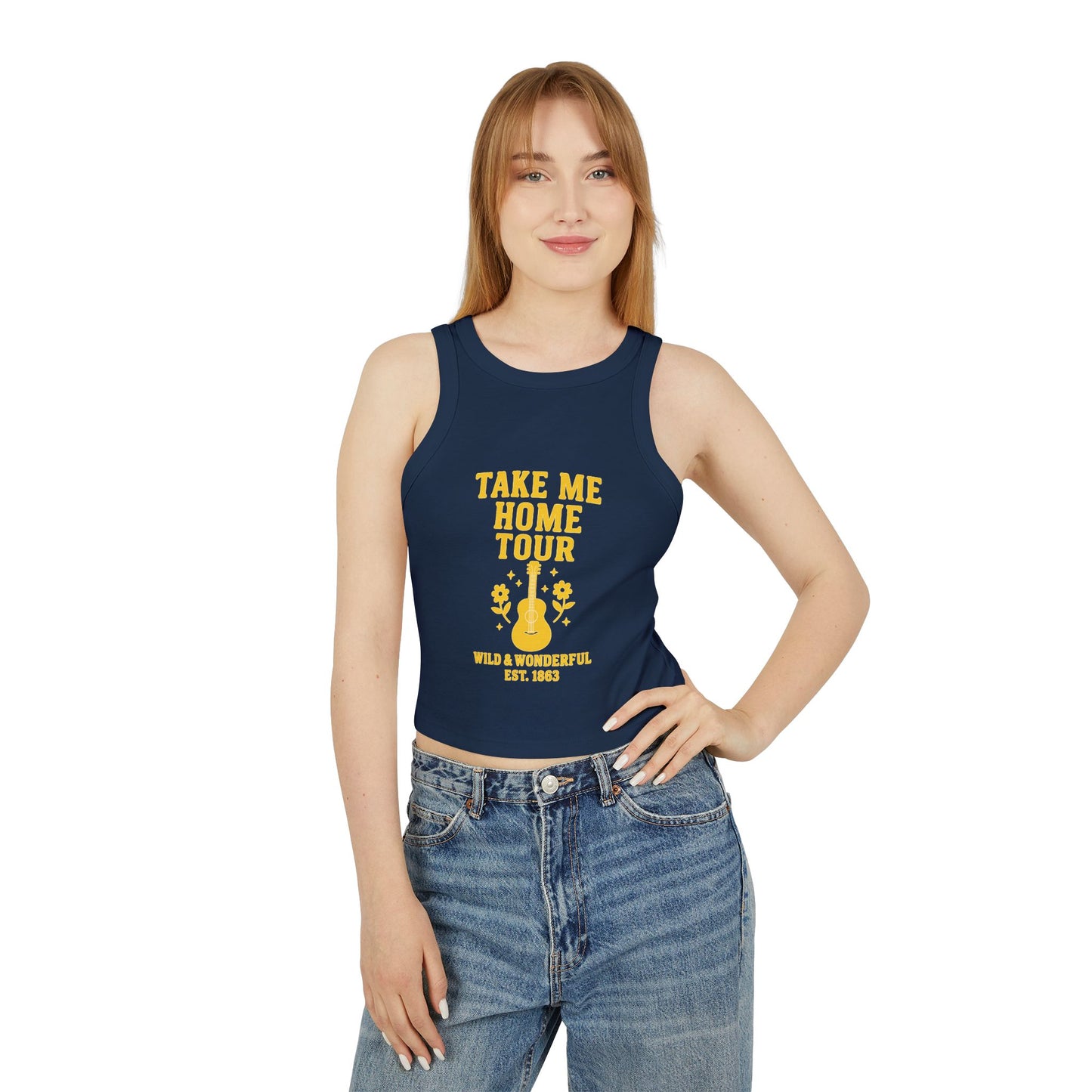 Cropped Tank Top, Country Roads Take Me Home Racerback Shirt with Guitar, WV Tee, West Virginia Apparel, Music Lover Gift