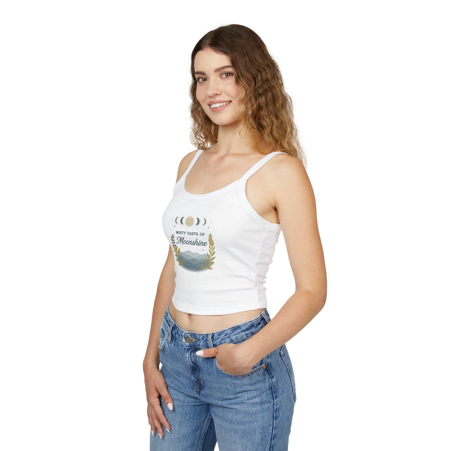 Moonshine Vibes Women's Spaghetti Strap Tank Top, Summer Outfit, Boho Style, Festival Wear, Gift for Her, Eco-Friendly Top