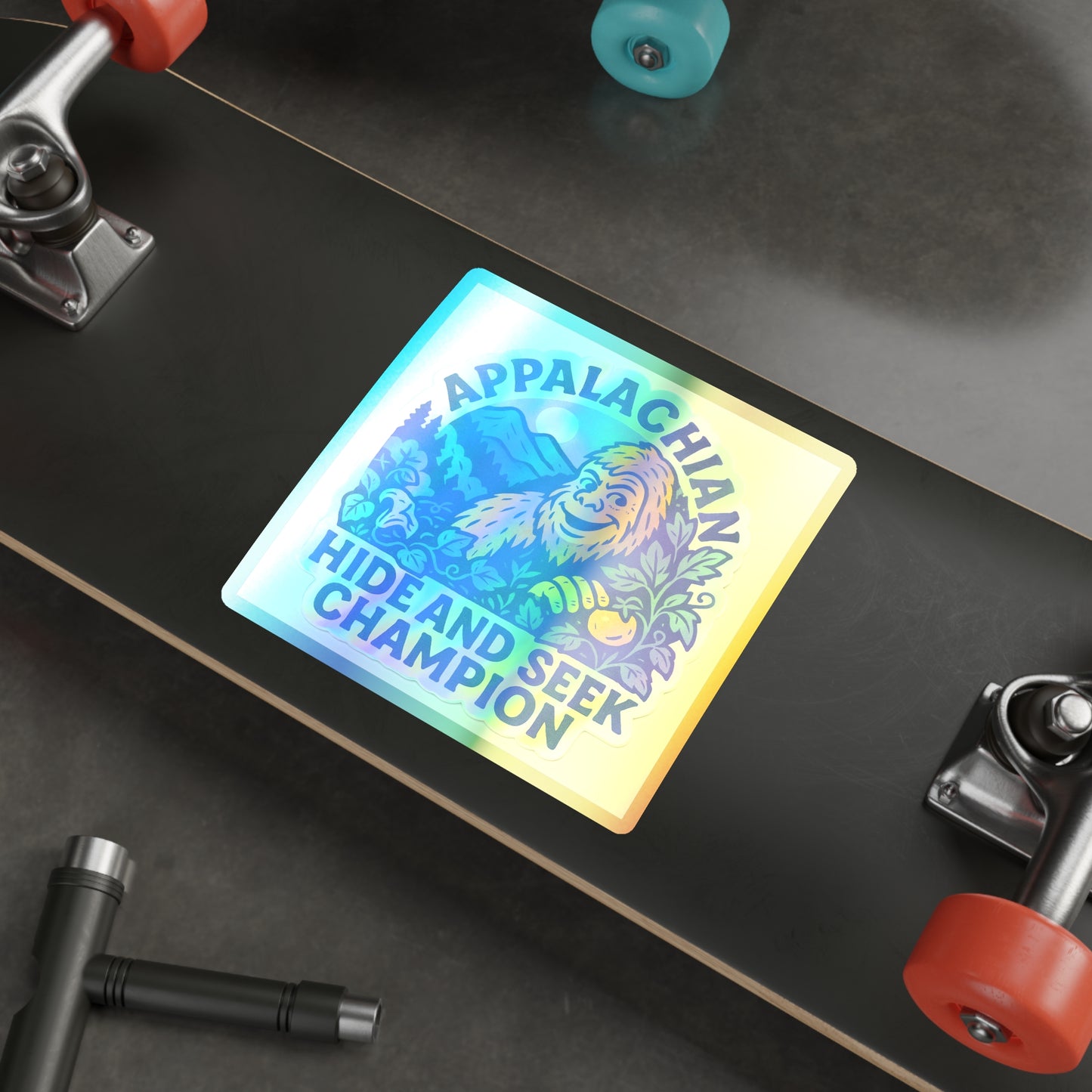 Holographic Bigfoot Stickers, Appalachian Hide and Seek Champion Vinyl, Fun Gift for Adventurers, Outdoor Decor, Skateboard Accessories