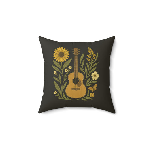 Folk Art Pillow, Guitar Butterfly Sunflower on Faded Black Background - Spun Polyester Square Pillow, Home Decor Accent, Unique Throw