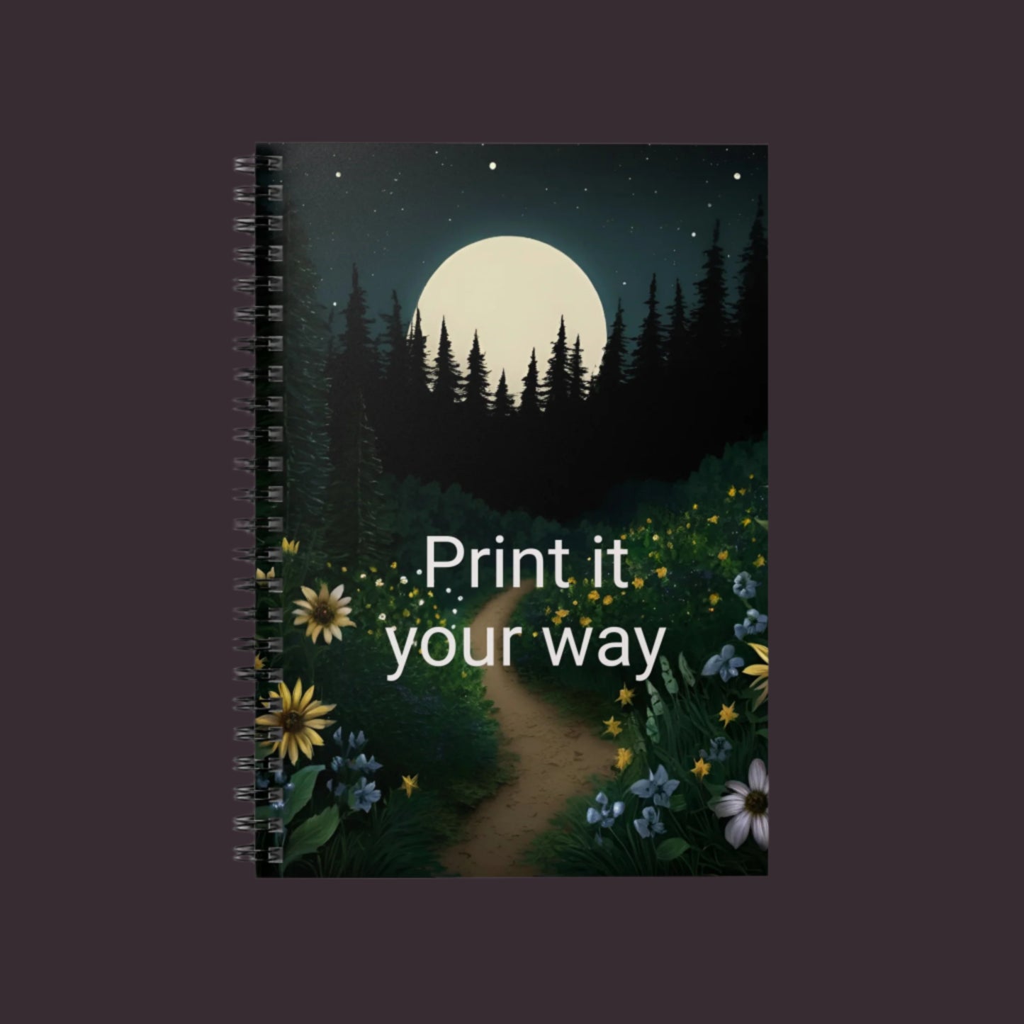 Notebook with an enchanted forest and moon design on the cover, featuring the text 'Print it your way'.