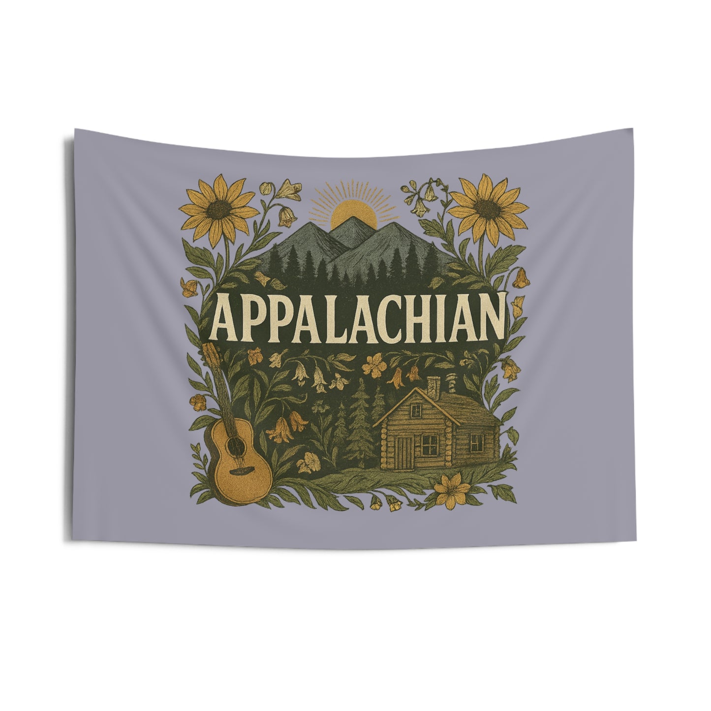 Appalachian Guitar Sunflower Mountain Scene Indoor Wall Tapestry, Home Decor, Dorm Room Decor, Wall Hanging, Festival Tapestry, Gift