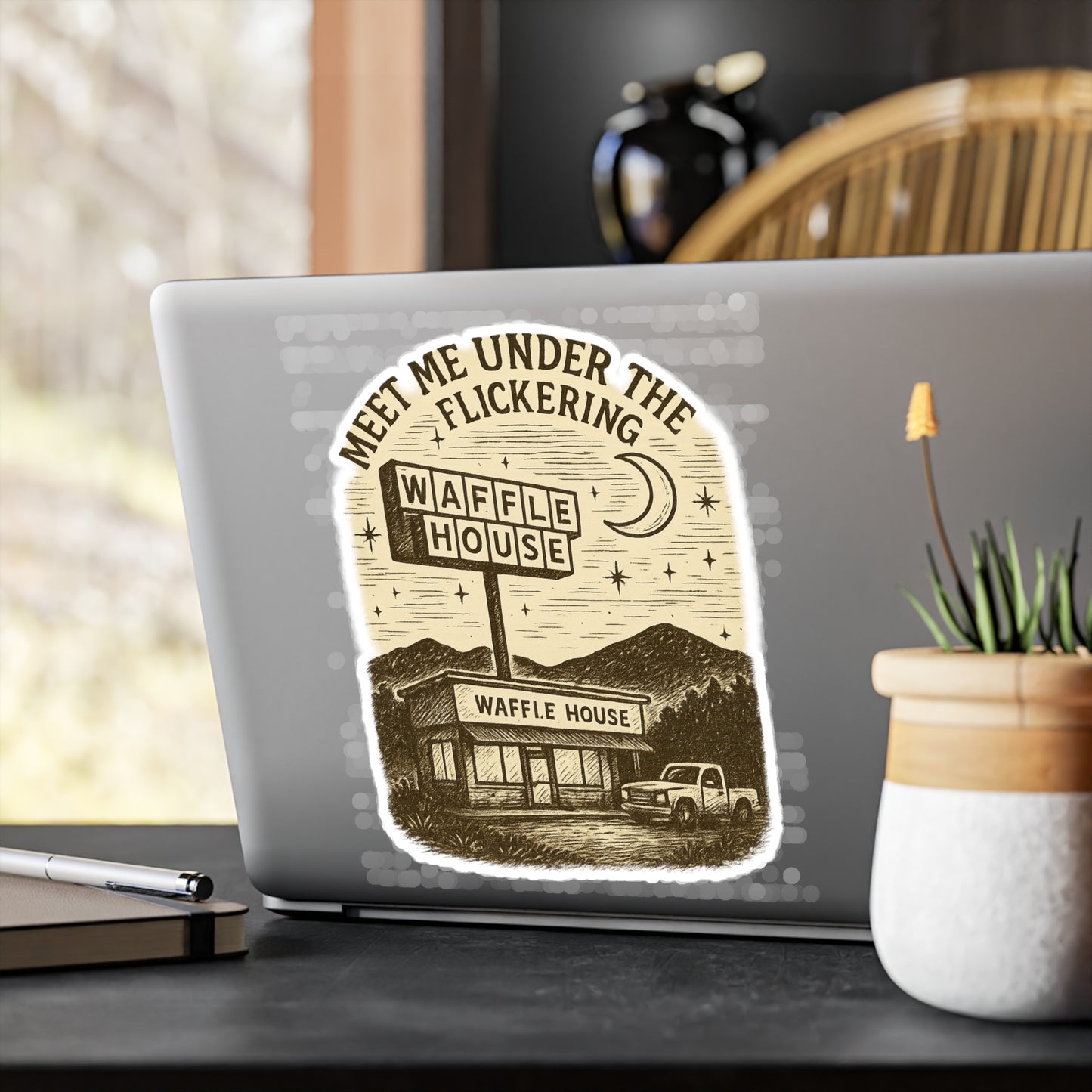 Vinyl Decal Sticker, Appalachian Humor Meet Me Under the Flickering Waffle House Sign, Laptop Decal, Car Decal, Water Bottle Sticker, Cute