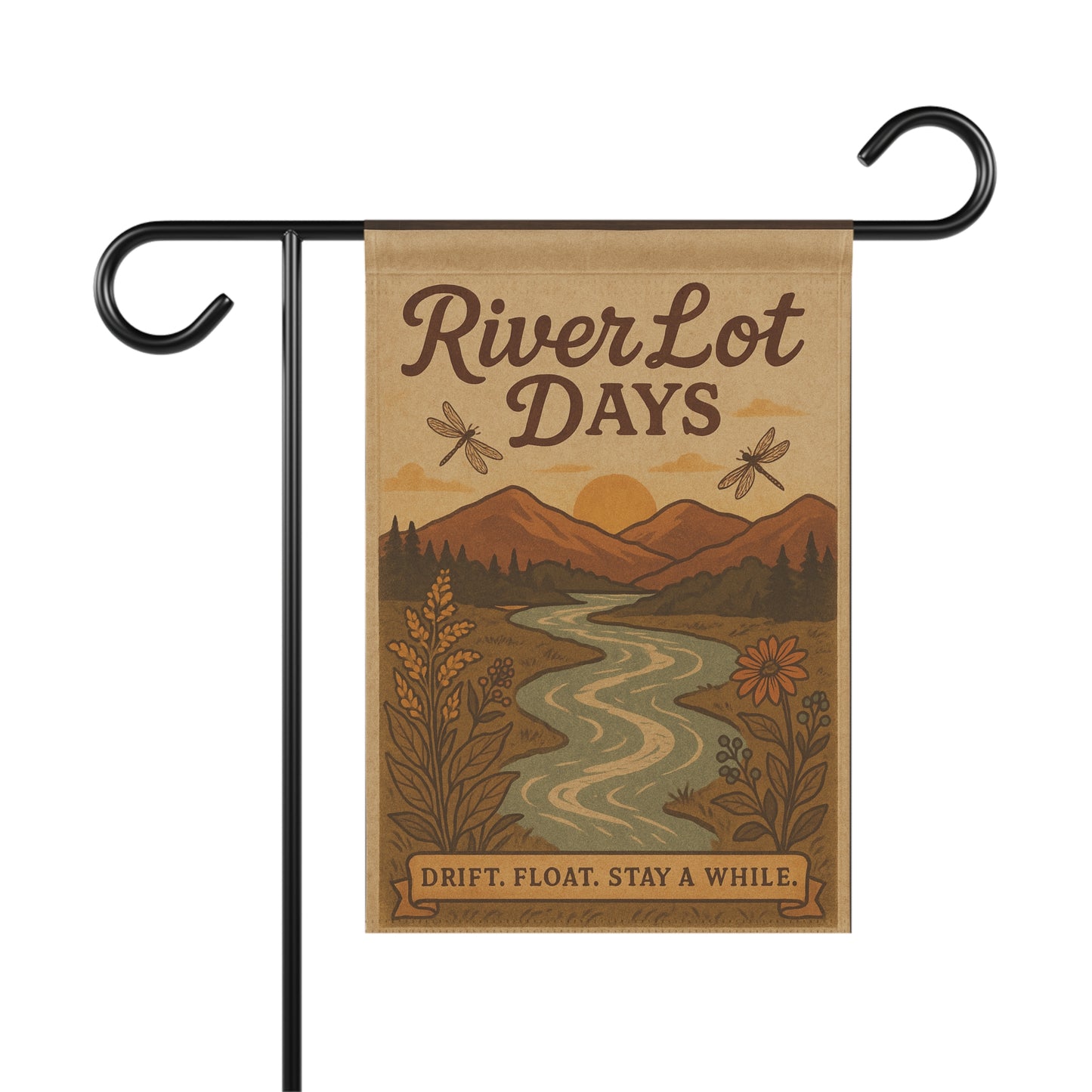 Outdoor Garden Flag - The River Lot Banner, Mountain Landscape Decor, Garden flag for the river with dragonflies