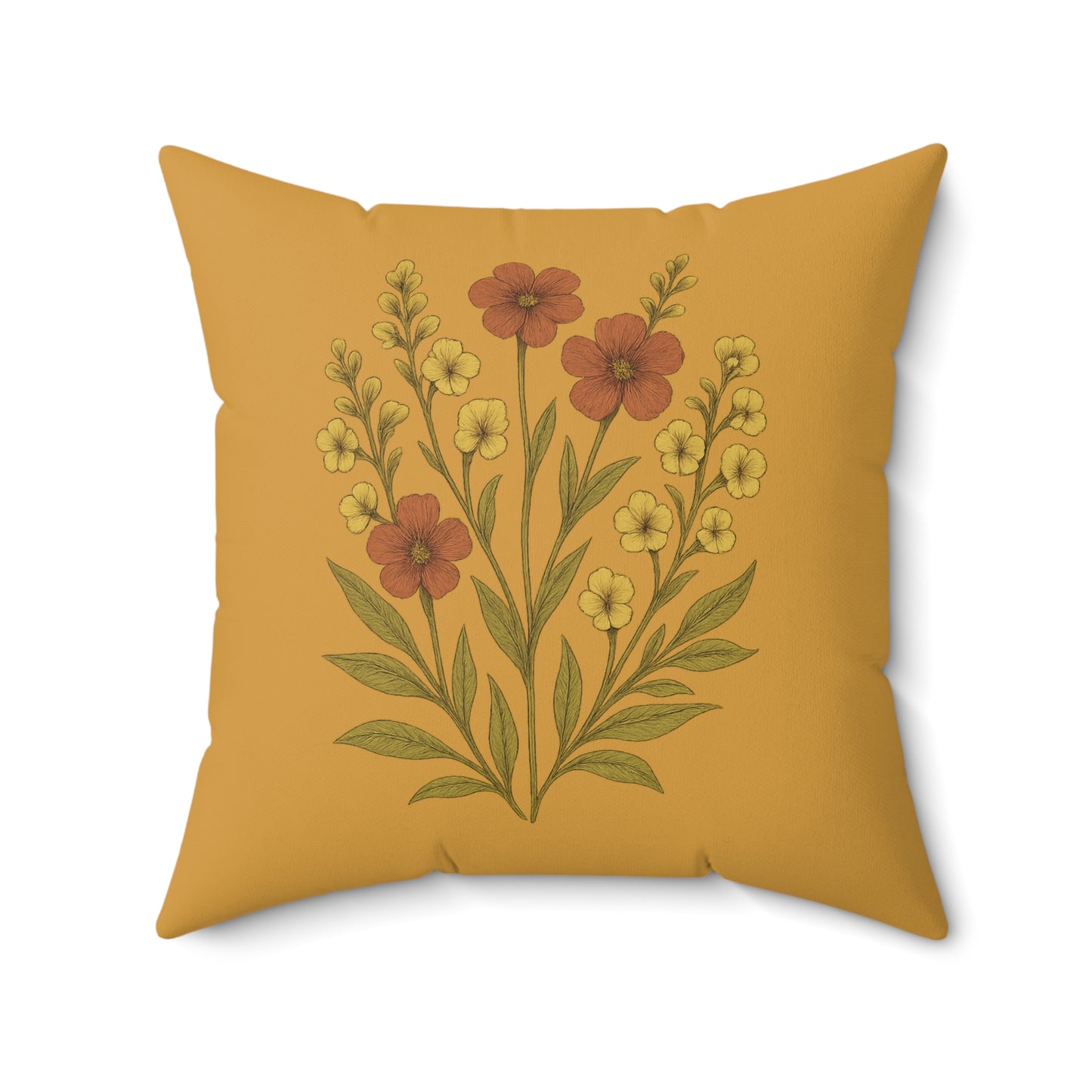 Wildflower Mustard Square Pillow for Home Decor, Floral Accent Cushion, Decorative Throw Pillow Set, Red and White Flowers, Spun Polyester