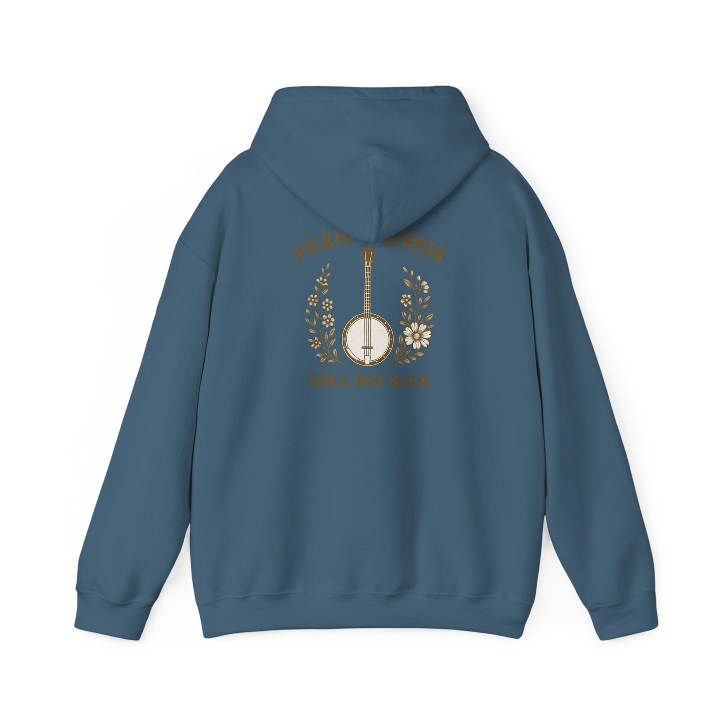 Vintage hoodie Sweatshirt with Pickin and Grinnin Banjo design on the back for bluegrass lovers
