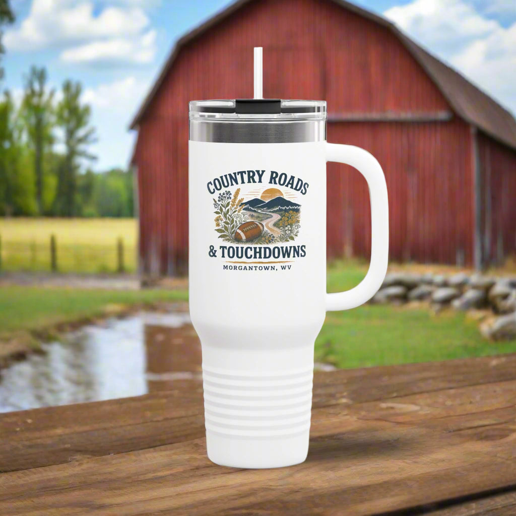 Country Roads Touchdowns Tailgating Insulated Travel Mug, 40oz - Game Day Cup, Football Fans Gift, Sports Lover, Tailgate Party Supplies,