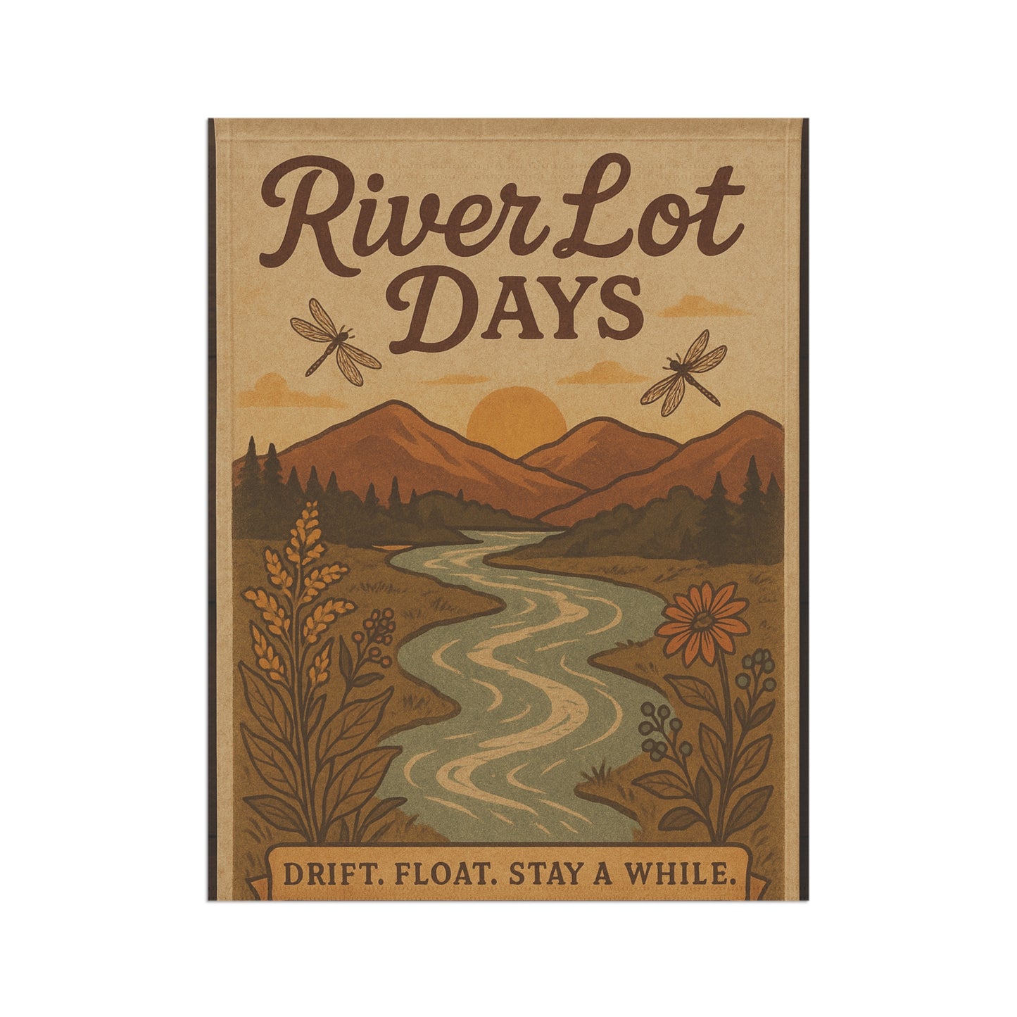 Outdoor Garden Flag - The River Lot Banner, Mountain Landscape Decor, Garden flag for the river with dragonflies