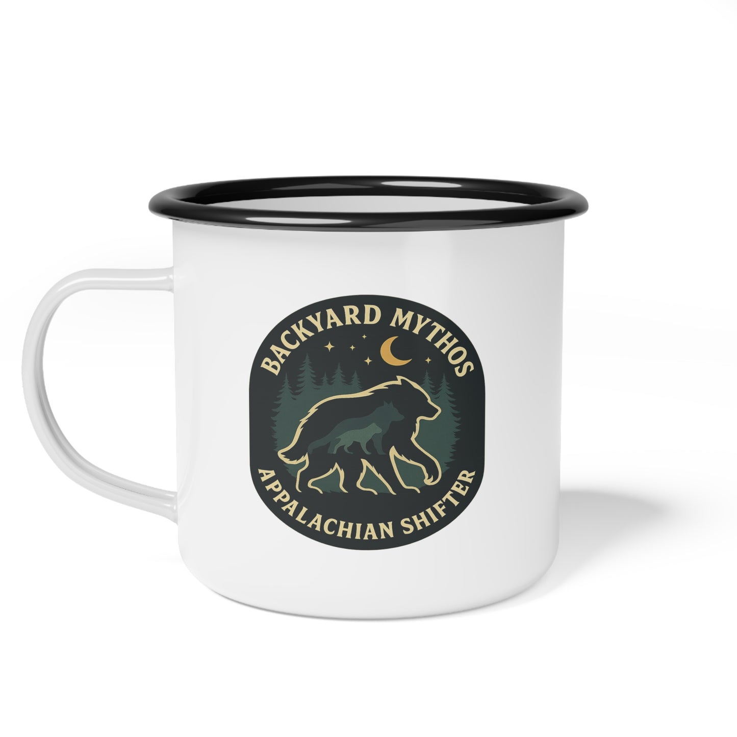 Appalachian Shifter Enamel Camping Mug – Shape-Shifter Cryptid Design
