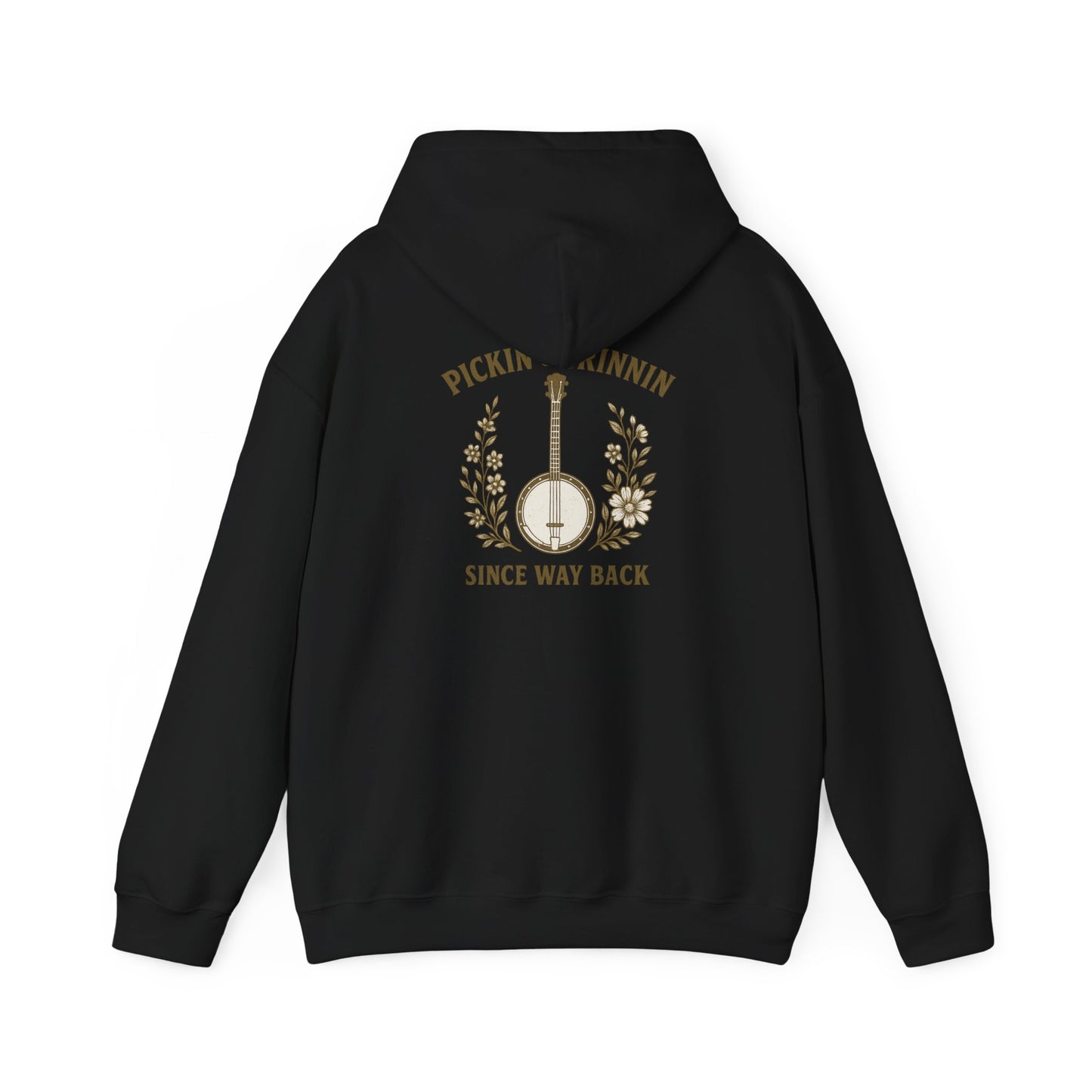 Vintage hoodie Sweatshirt with Pickin and Grinnin Banjo design on the back for bluegrass lovers