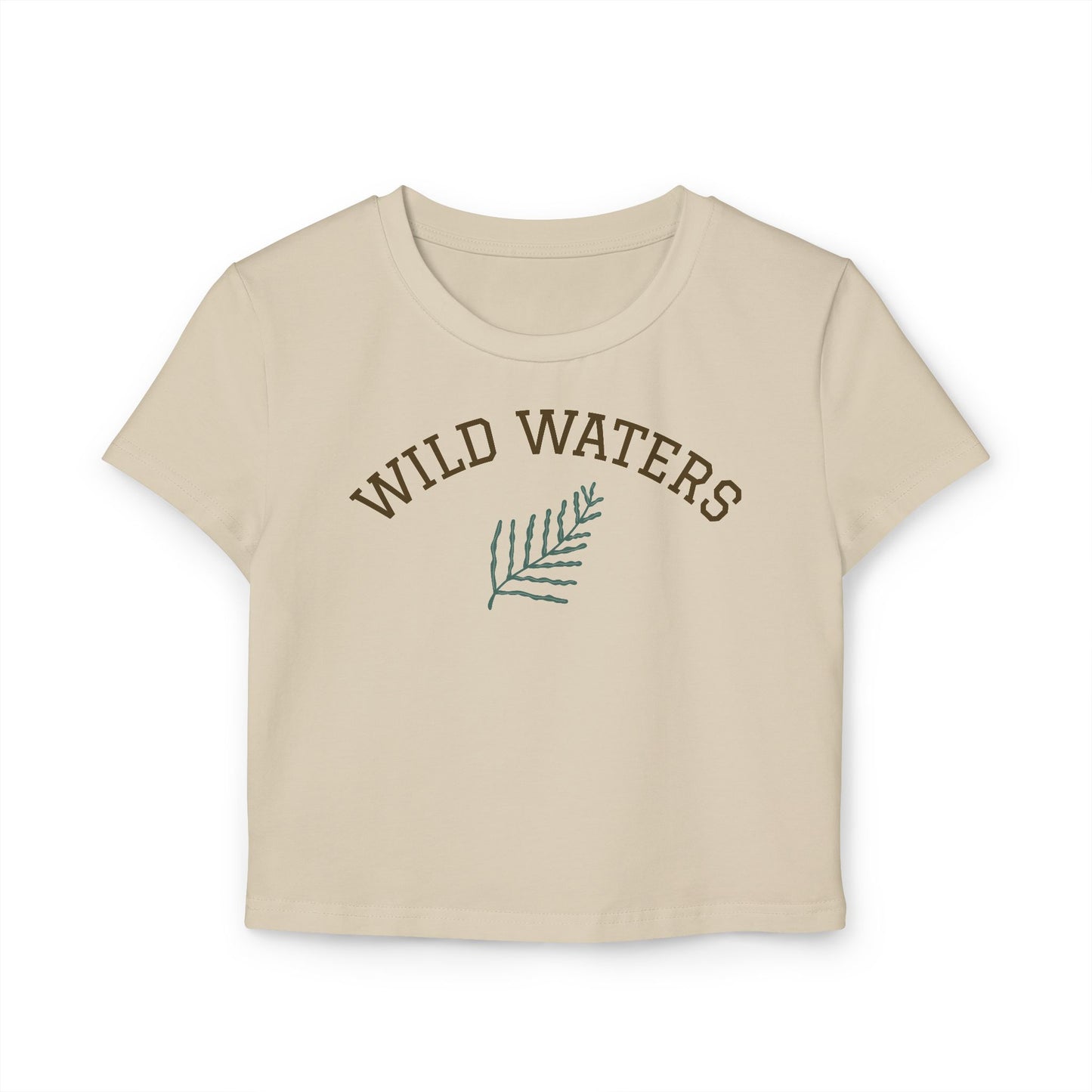 Beige t-shirt with 'Wild Waters' text and leaf graphic on a white background