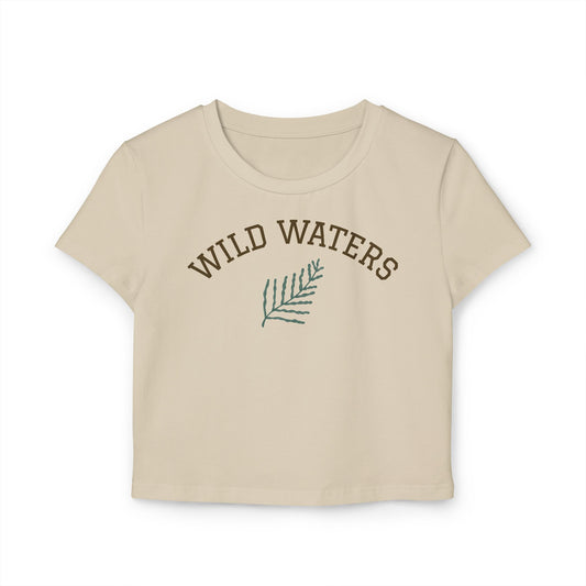 Beige t-shirt with 'Wild Waters' text and leaf graphic on a white background
