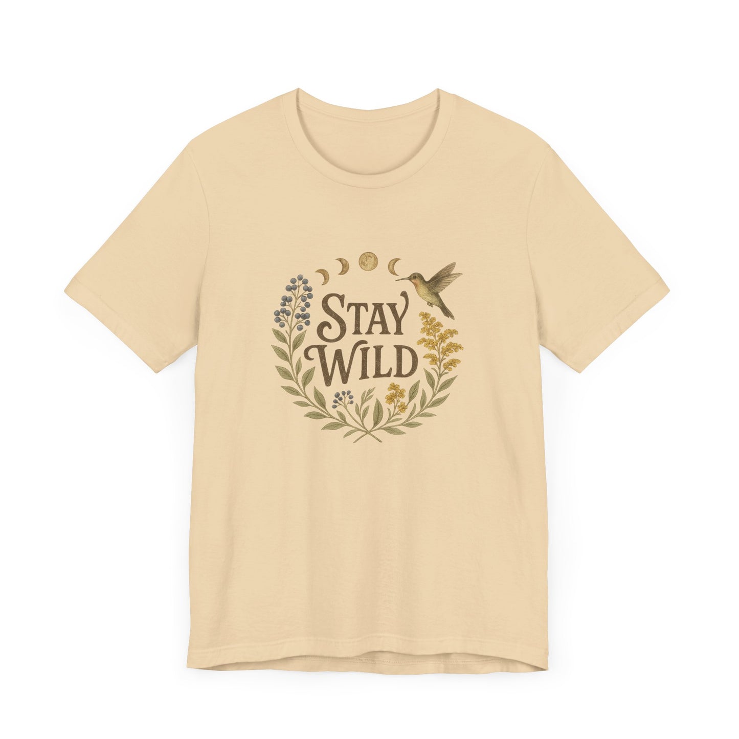 Enchanted Stay Wild Hummingbird Tee, Moon Phases Nature Vibes Tshirt, Colorful Bird Moon Shirt, Unisex Jersey Top, Nature Lover Gift