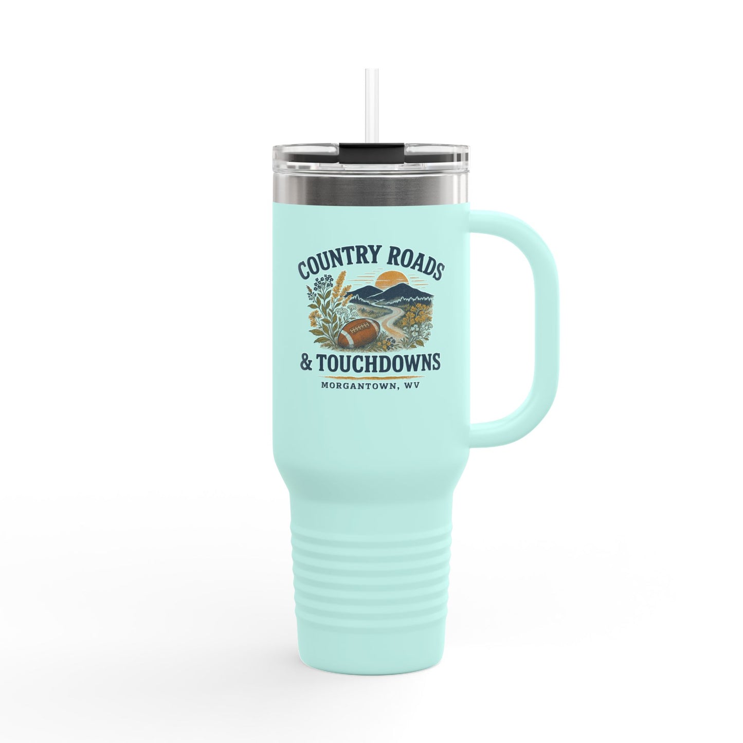 Country Roads Touchdowns Tailgating Insulated Travel Mug, 40oz - Game Day Cup, Football Fans Gift, Sports Lover, Tailgate Party Supplies,