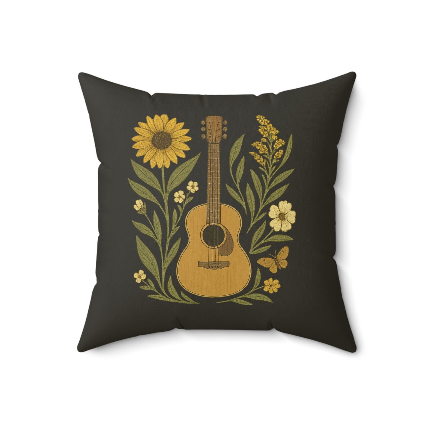 Folk Art Pillow, Guitar Butterfly Sunflower on Faded Black Background - Spun Polyester Square Pillow, Home Decor Accent, Unique Throw
