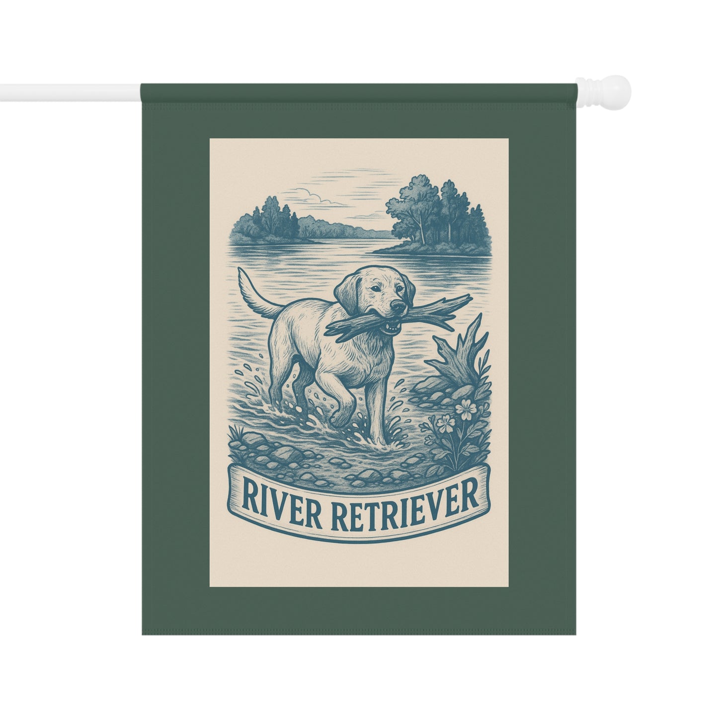 Garden Flag, Labrador Retriever Banner, Outdoor House Decoration, River Scene Decor, Pet Lover Gift, Nature Inspired Yard Art