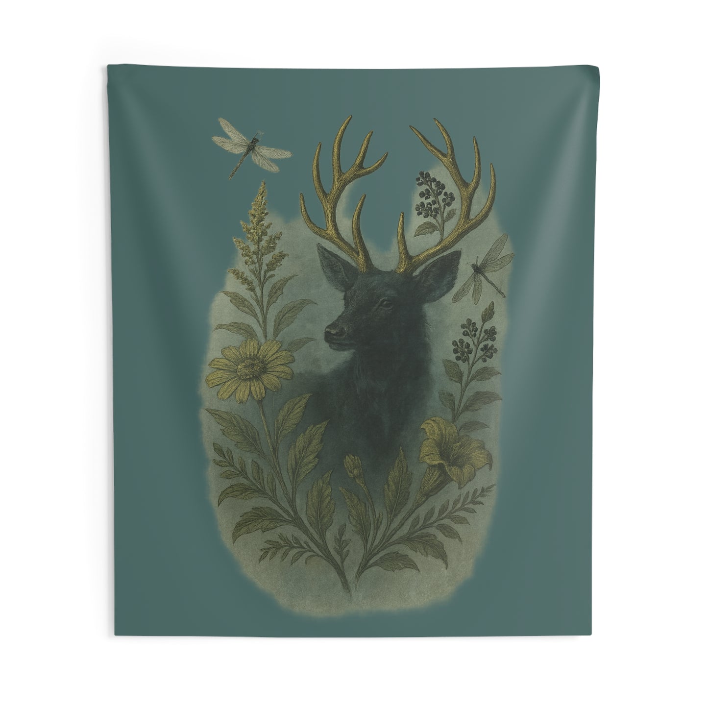 Enchanted Stag Botanical Tapestry β Teal Green Wall Hanging
