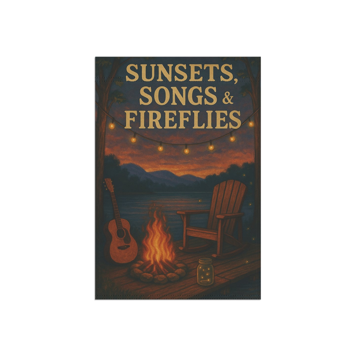 Sunset and Fireflies Garden Banner - Cozy Outdoor Decor for Summer Gatherings, lakehouse, Folk Art