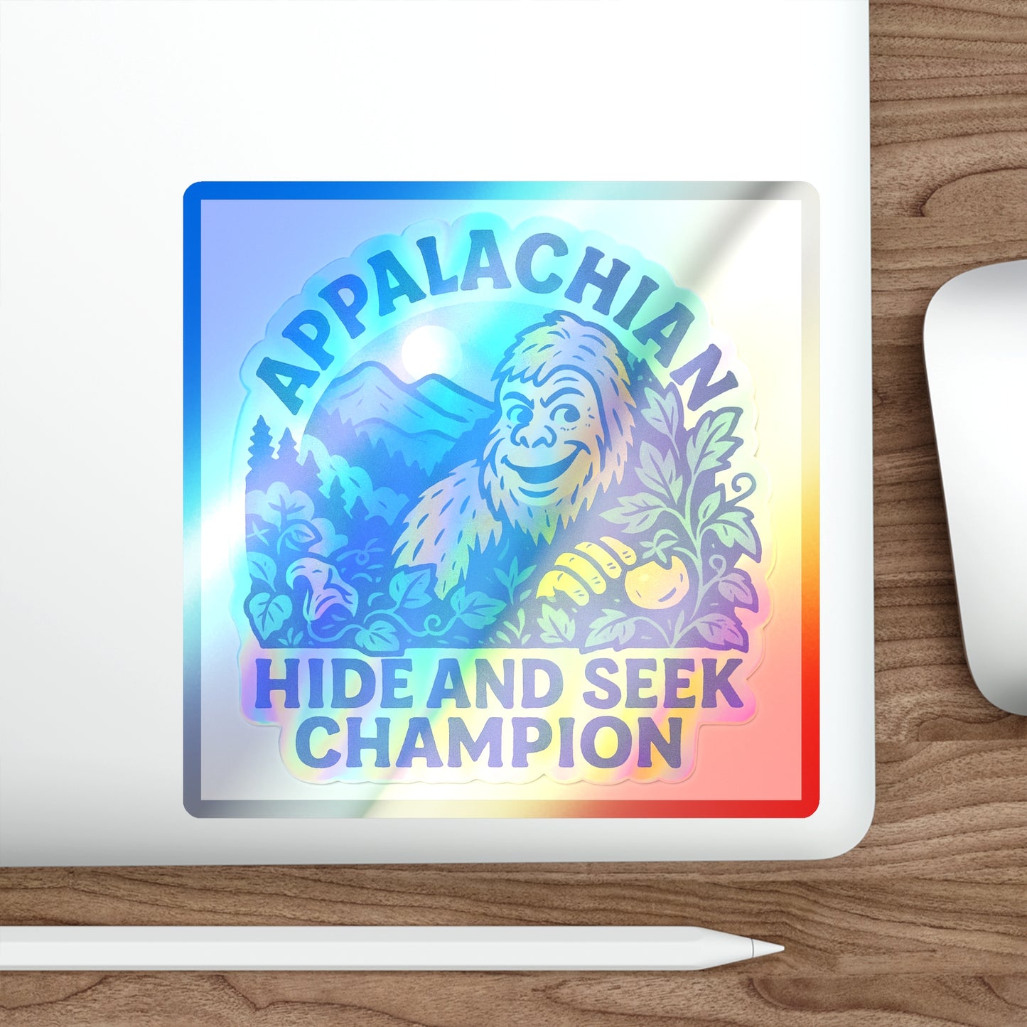 Holographic Bigfoot Stickers, Appalachian Hide and Seek Champion Vinyl, Fun Gift for Adventurers, Outdoor Decor, Skateboard Accessories