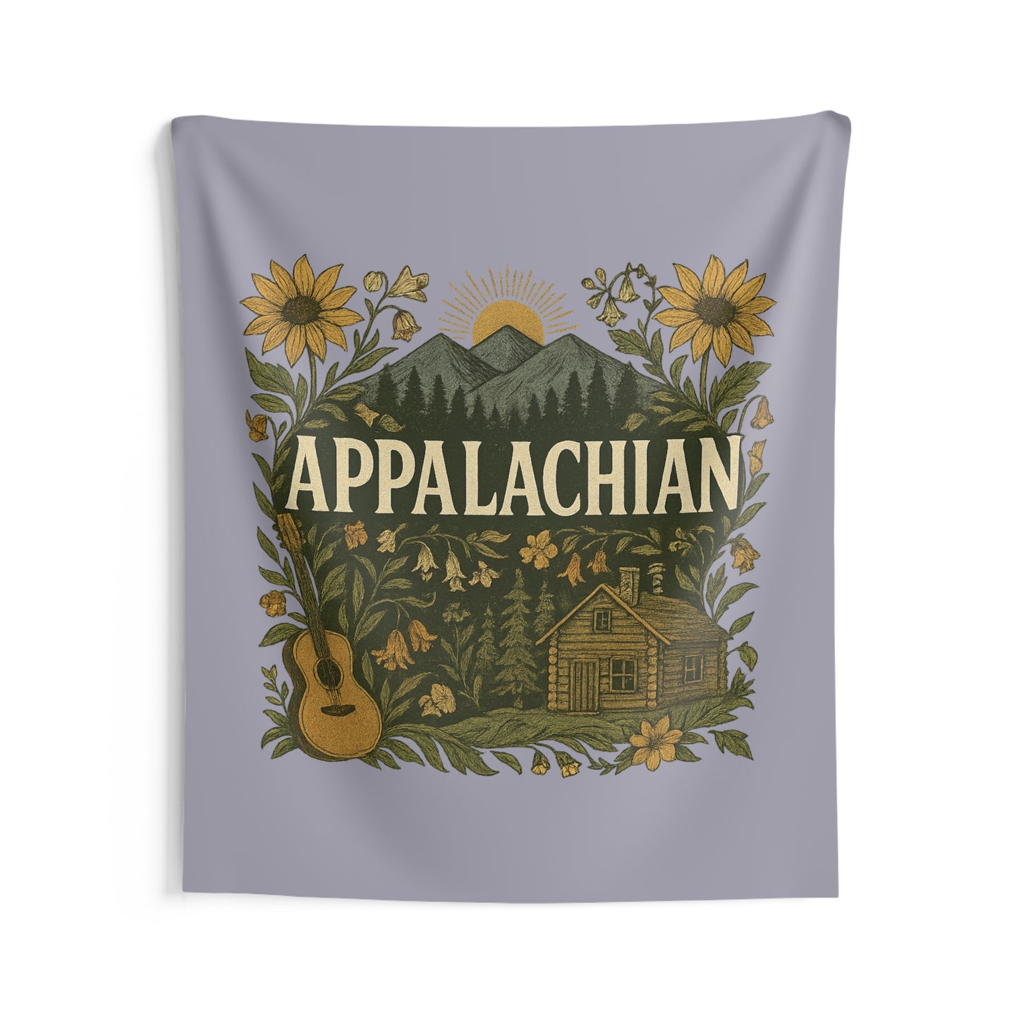 Appalachian Guitar Sunflower Mountain Scene Indoor Wall Tapestry, Home Decor, Dorm Room Decor, Wall Hanging, Festival Tapestry, Gift