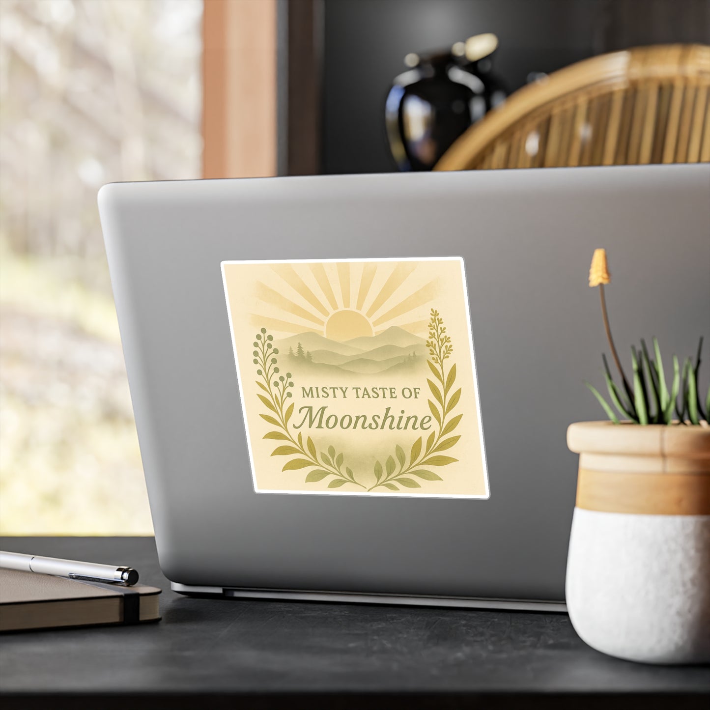 Mountain Sunrise Kiss-Cut Vinyl Decals, Misty Taste of Moonshine Sticker for Laptop, Water Bottle, Car, Sun and Mountains Decal, Nature