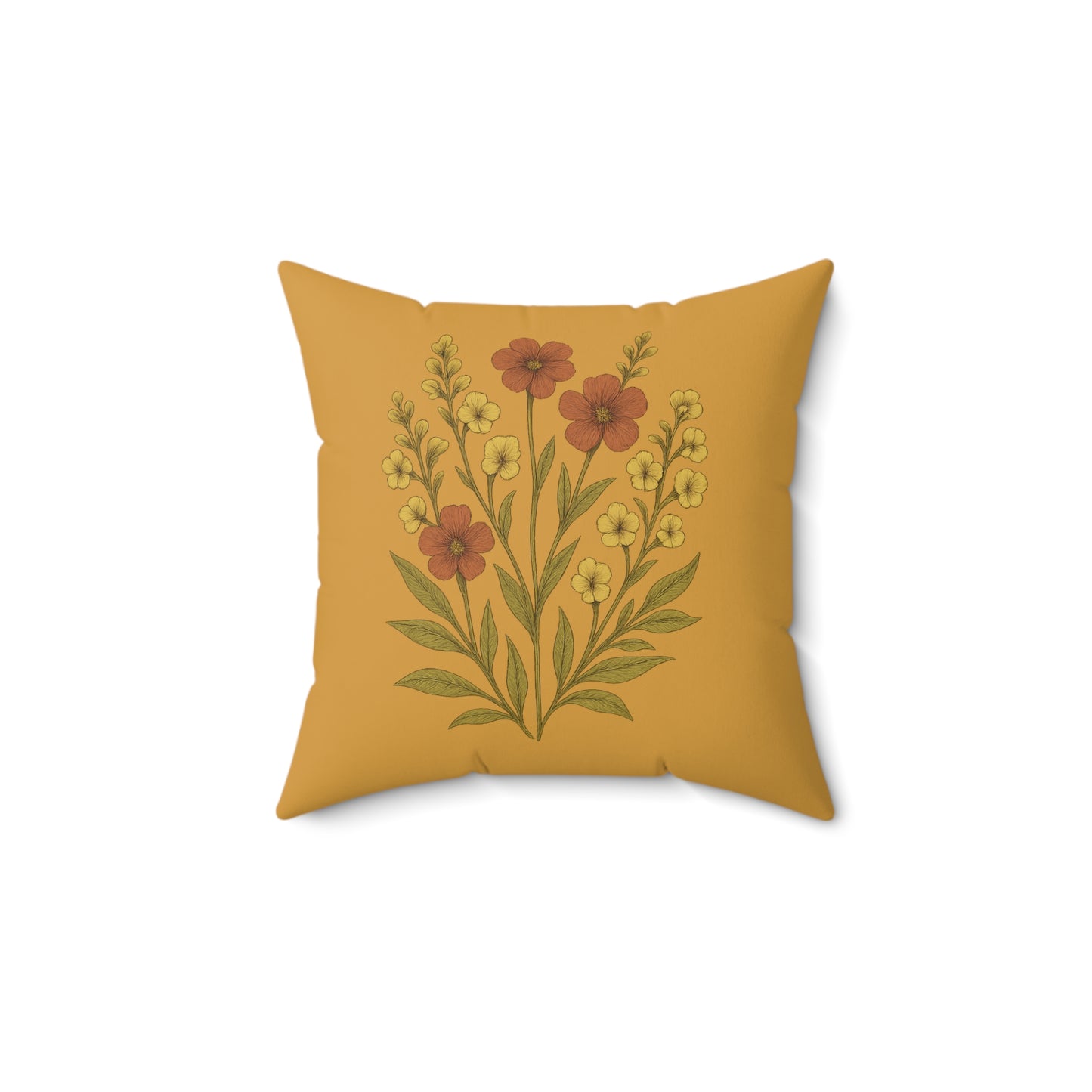 Wildflower Mustard Square Pillow for Home Decor, Floral Accent Cushion, Decorative Throw Pillow Set, Red and White Flowers, Spun Polyester
