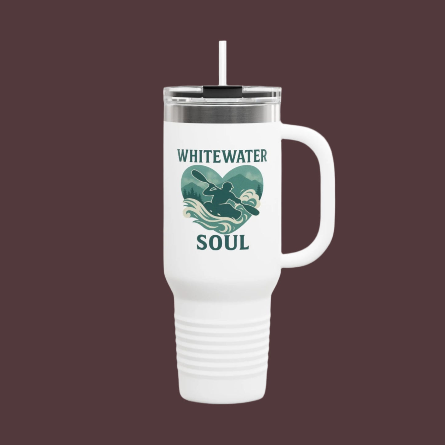 White tumbler with 'Whitewater Soul' design on a dark background