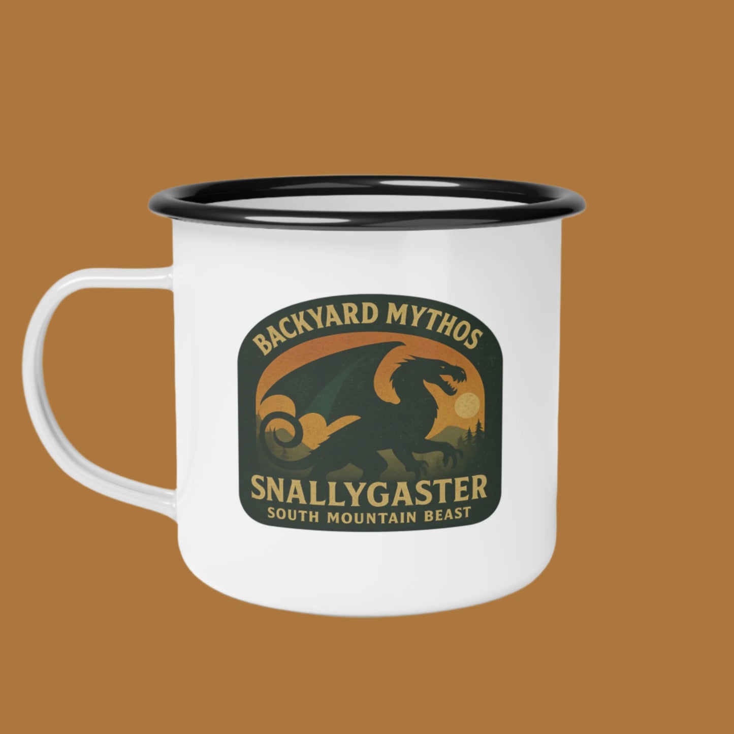 White mug with black rim featuring 'Backyard Myths' Snallygaster design on a white background