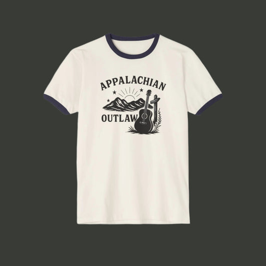 Appalachian Outlaw Ringer Tee ,Vintage Country Music Shirt, Retro Mountain Guitar Graphic, Gift for Him or Her
