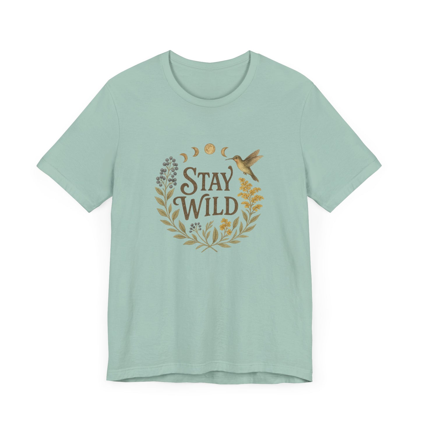 Enchanted Stay Wild Hummingbird Tee, Moon Phases Nature Vibes Tshirt, Colorful Bird Moon Shirt, Unisex Jersey Top, Nature Lover Gift