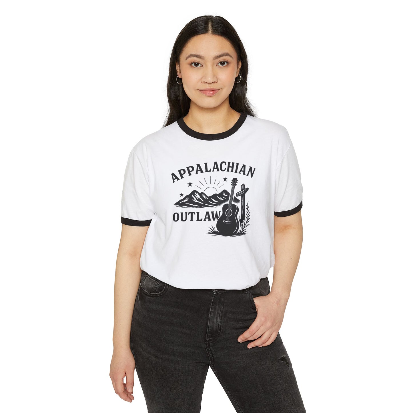 Appalachian Outlaw Ringer Tee ,Vintage Country Music Shirt, Retro Mountain Guitar Graphic, Gift for Him or Her