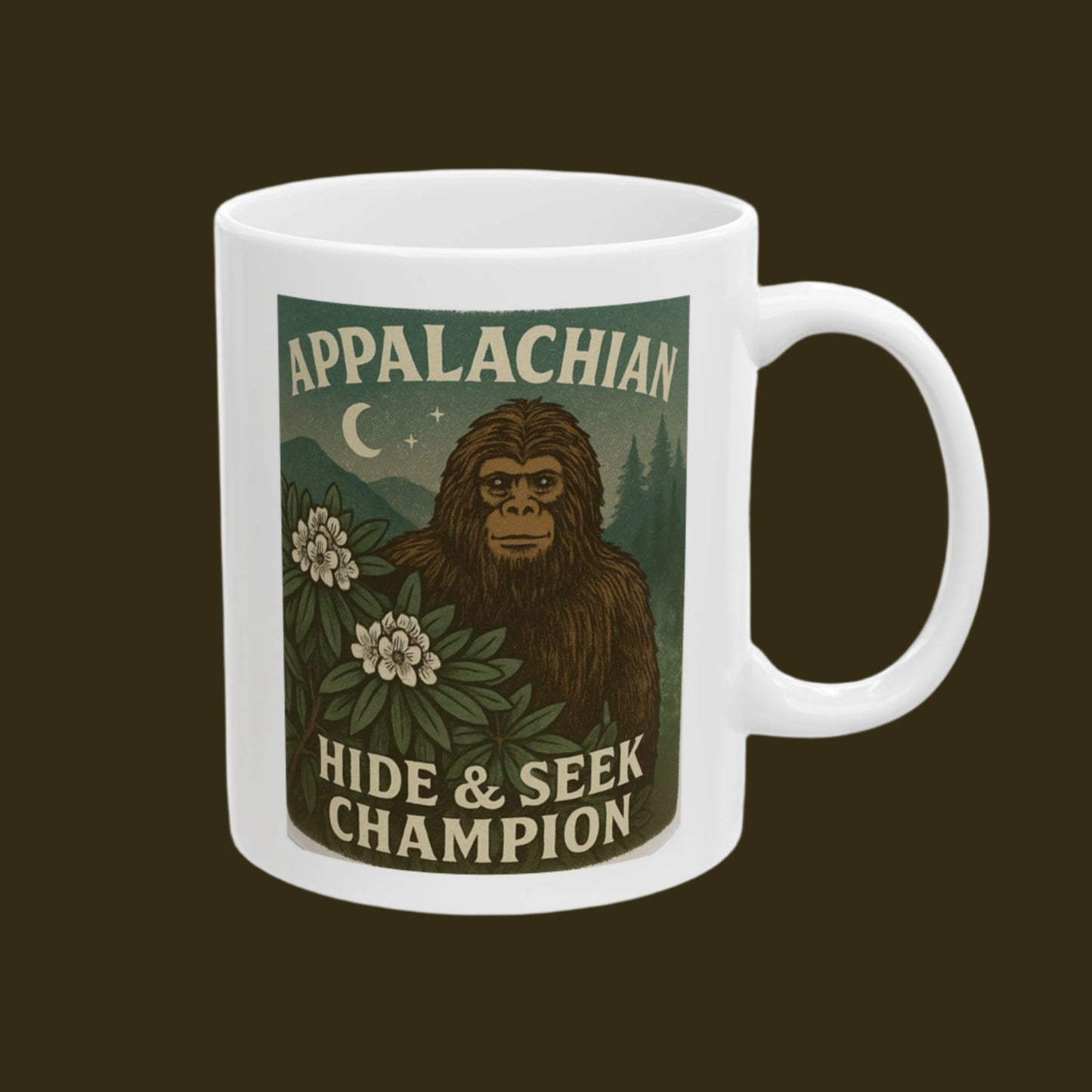 Sasquatch Hide & Seek Champion Ceramic Mug, Funny Gift, Appalachian Style, Nature Lover's Coffee Mug, Cool Mug for Friends