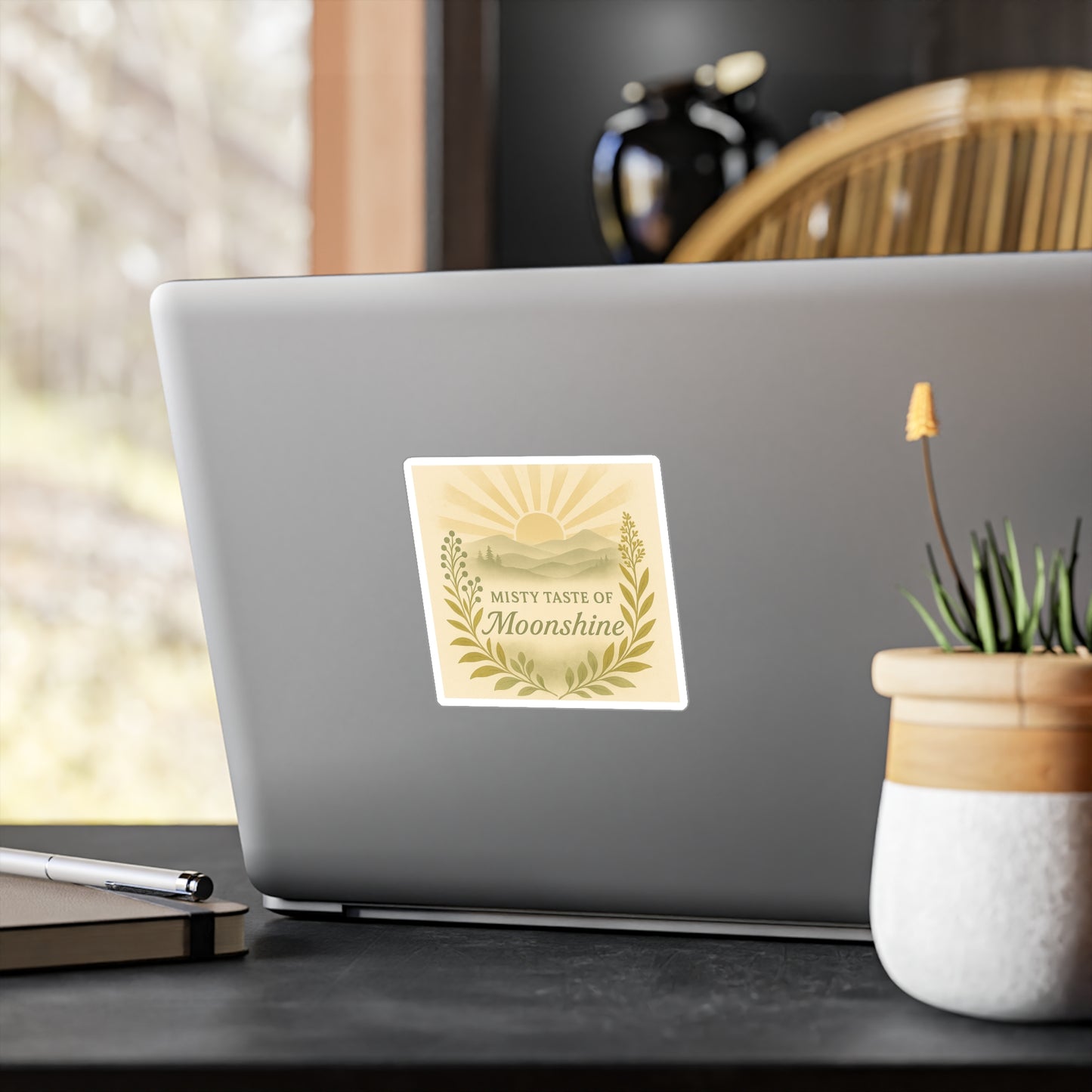 Mountain Sunrise Kiss-Cut Vinyl Decals, Misty Taste of Moonshine Sticker for Laptop, Water Bottle, Car, Sun and Mountains Decal, Nature