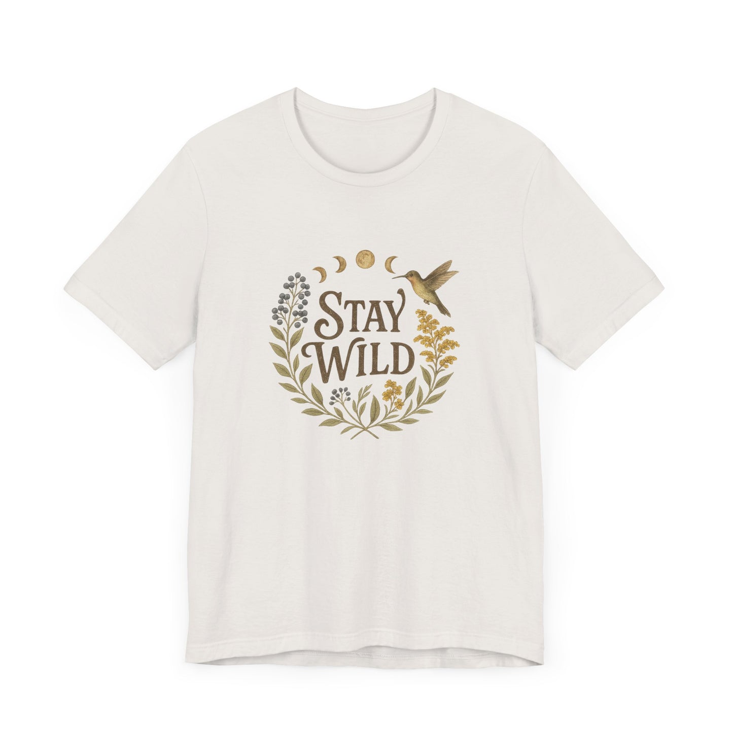 Enchanted Stay Wild Hummingbird Tee, Moon Phases Nature Vibes Tshirt, Colorful Bird Moon Shirt, Unisex Jersey Top, Nature Lover Gift