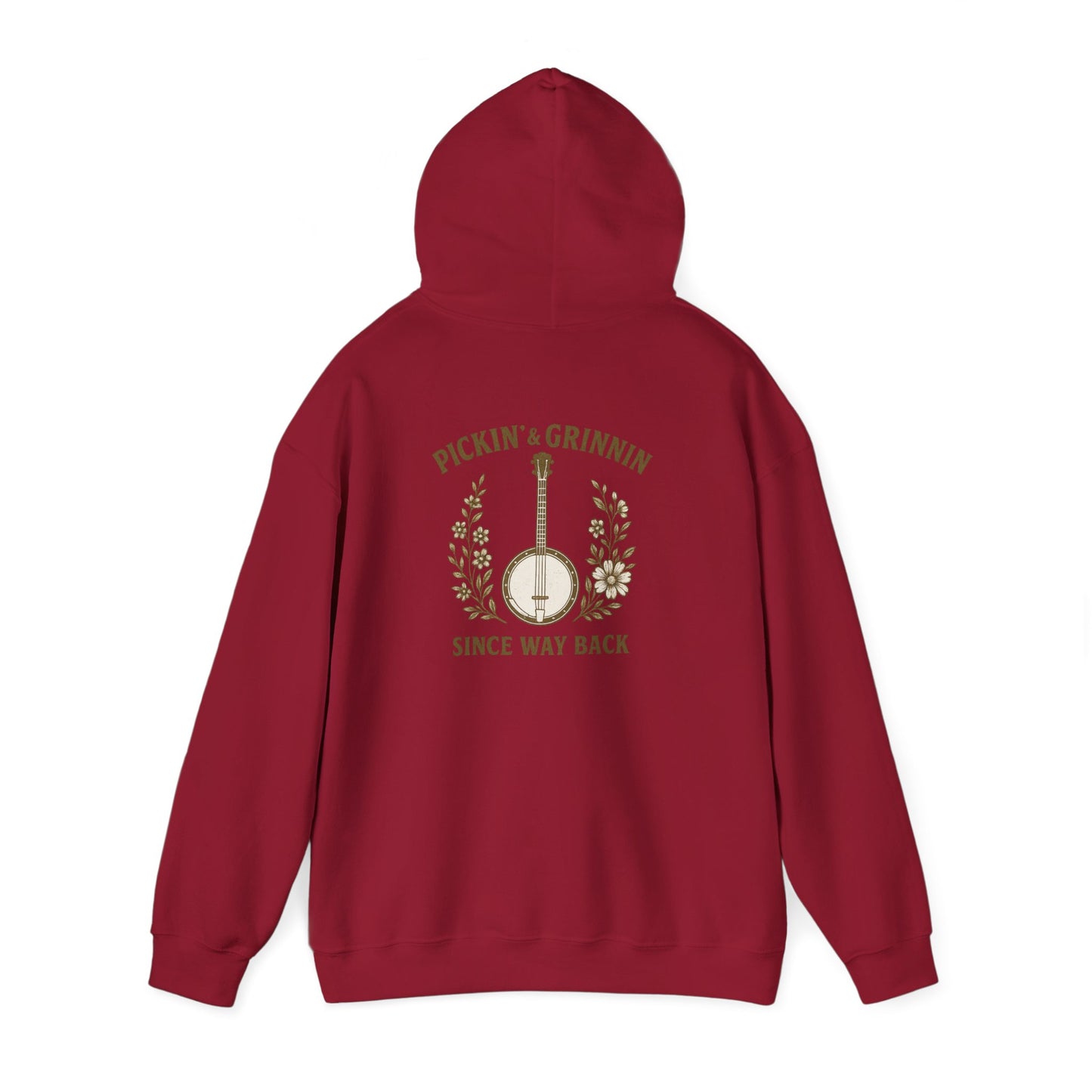 Vintage hoodie Sweatshirt with Pickin and Grinnin Banjo design on the back for bluegrass lovers