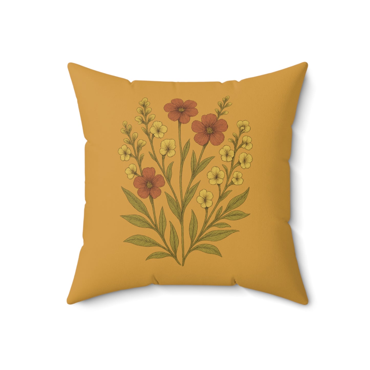 Wildflower Mustard Square Pillow for Home Decor, Floral Accent Cushion, Decorative Throw Pillow Set, Red and White Flowers, Spun Polyester