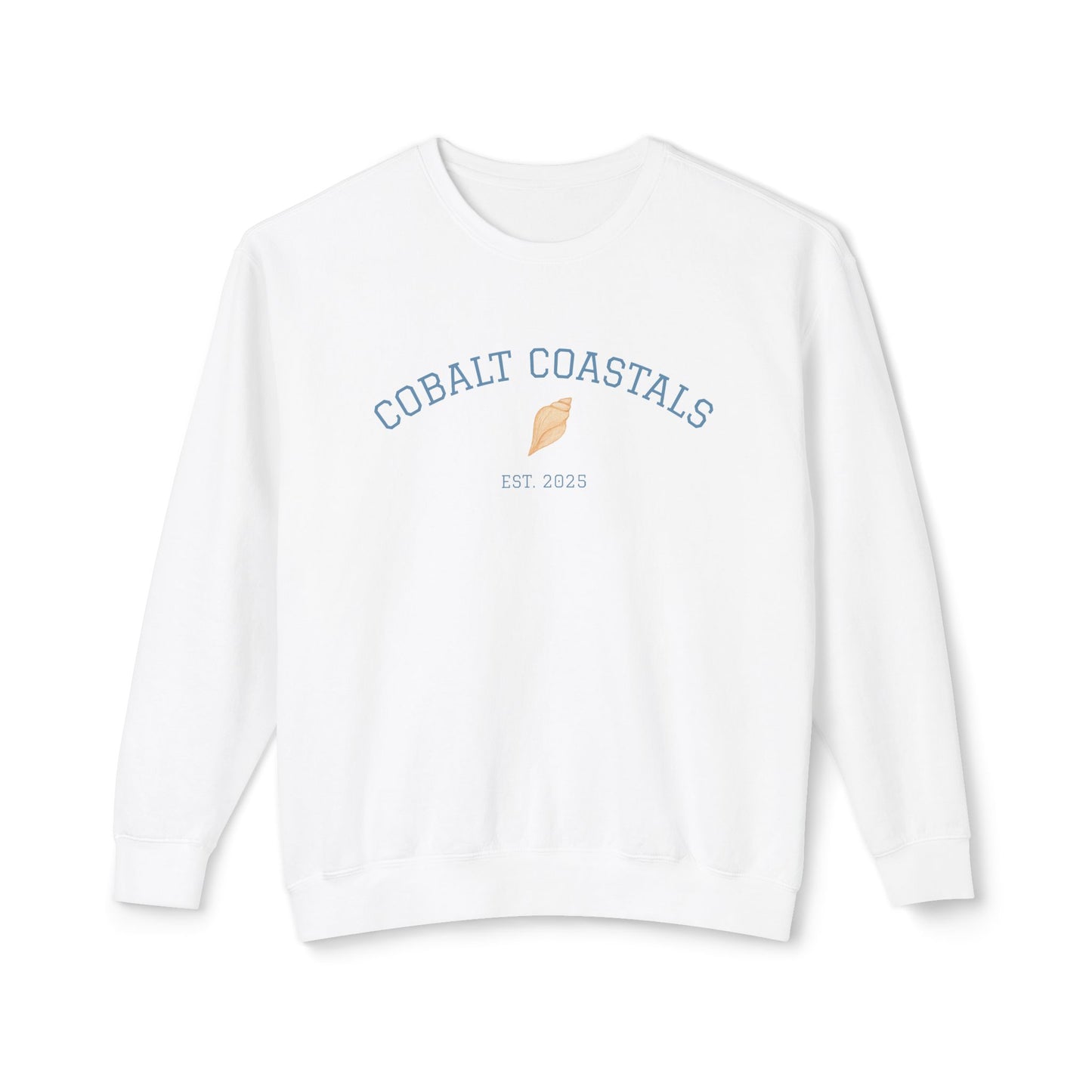 Crewneck Beach Sweatshirt - Cobalt Coastals University Seashell Design
