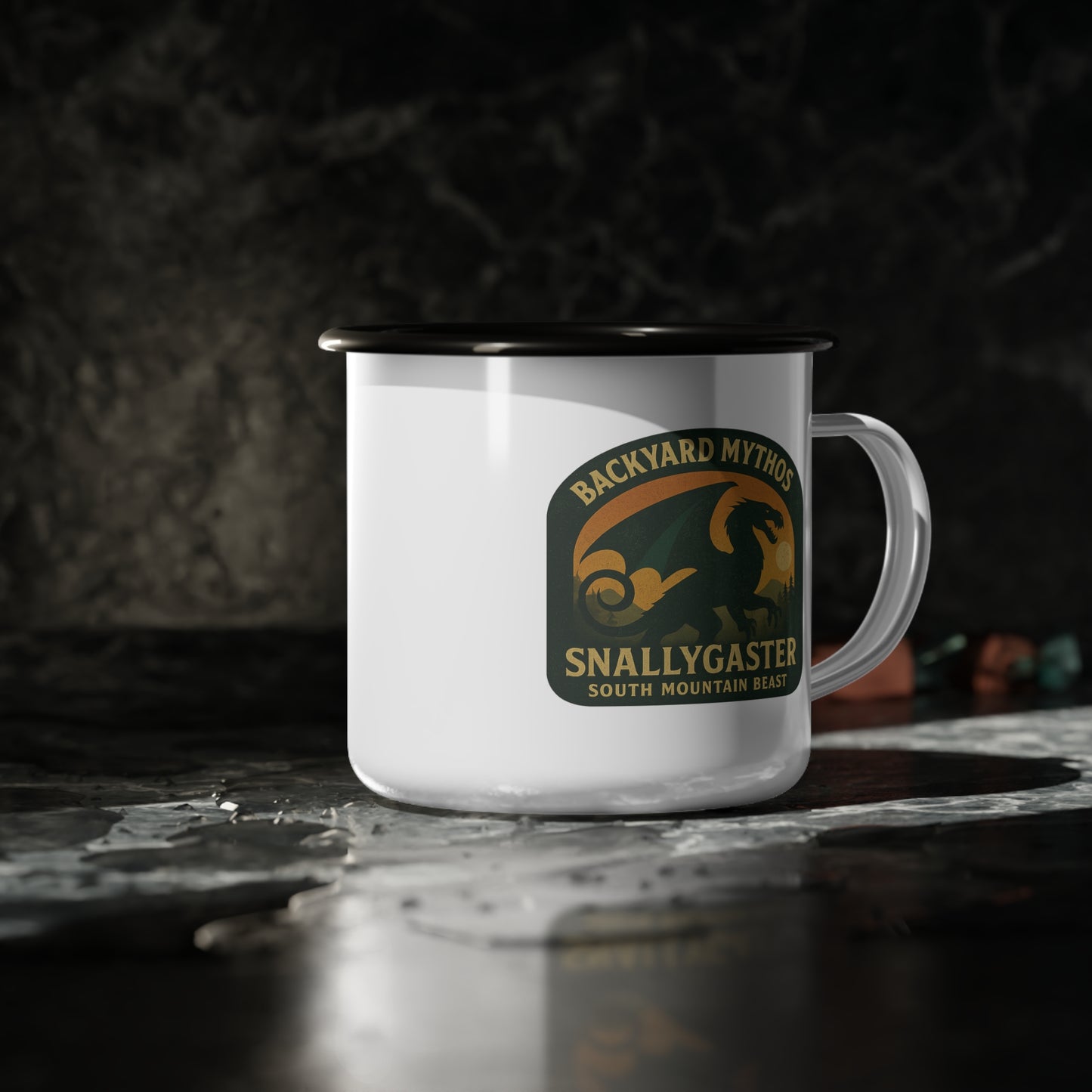 White enamel camping mug with a snallyghaster on a dark surface