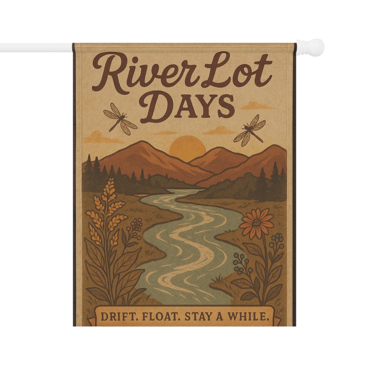Outdoor Garden Flag - The River Lot Banner, Mountain Landscape Decor, Garden flag for the river with dragonflies