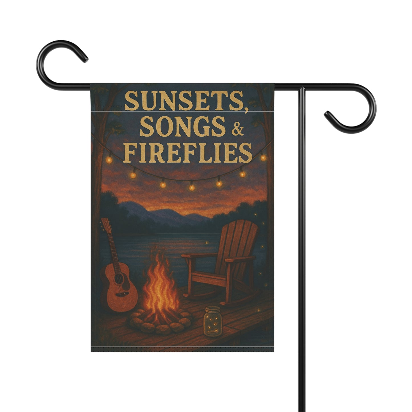 Sunset and Fireflies Garden Banner - Cozy Outdoor Decor for Summer Gatherings, lakehouse, Folk Art