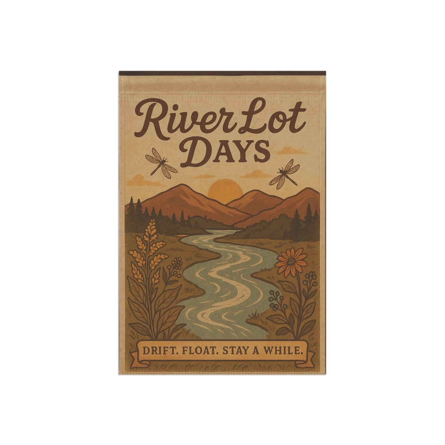 Outdoor Garden Flag - The River Lot Banner, Mountain Landscape Decor, Garden flag for the river with dragonflies