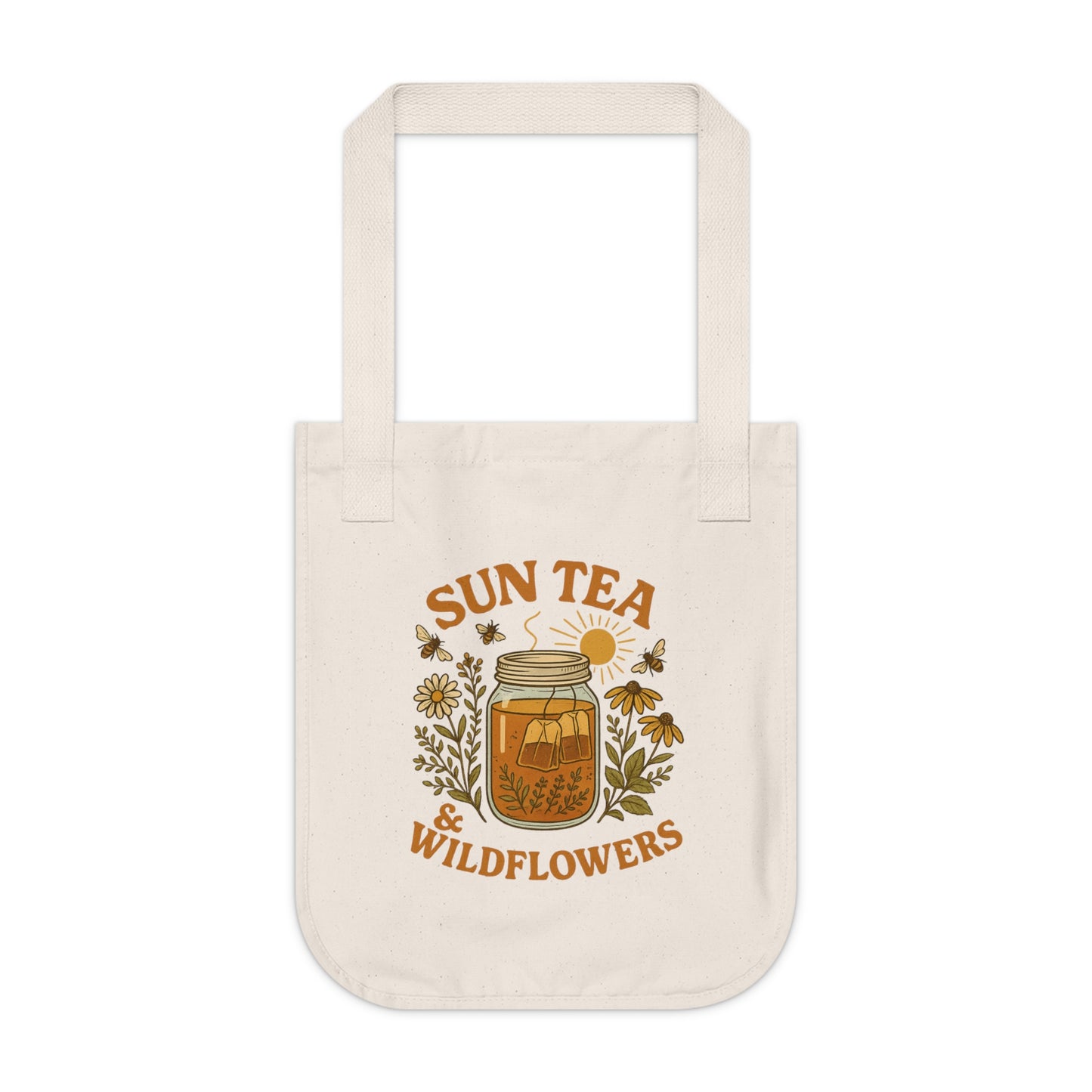 Sun Tea and Wildflowers Organic Canvas Tote Bag, Farmers Market Reusable Eco Friendly Bag, Nature Lover Gift, Sustainable Shopping Tote,