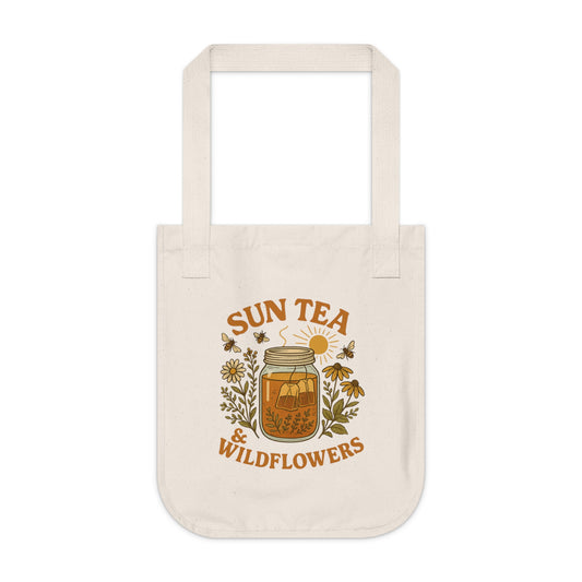 Sun Tea and Wildflowers Organic Canvas Tote Bag, Farmers Market Reusable Eco Friendly Bag, Nature Lover Gift, Sustainable Shopping Tote,