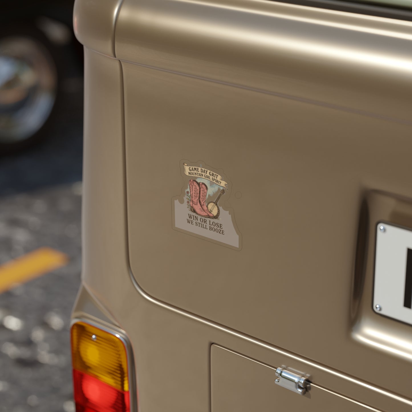 Die-Cut Outdoor Sticker, WV colleges Spirit Sticker for fans, Great for, Festivals, Tailgates, Win or Lose we still booze