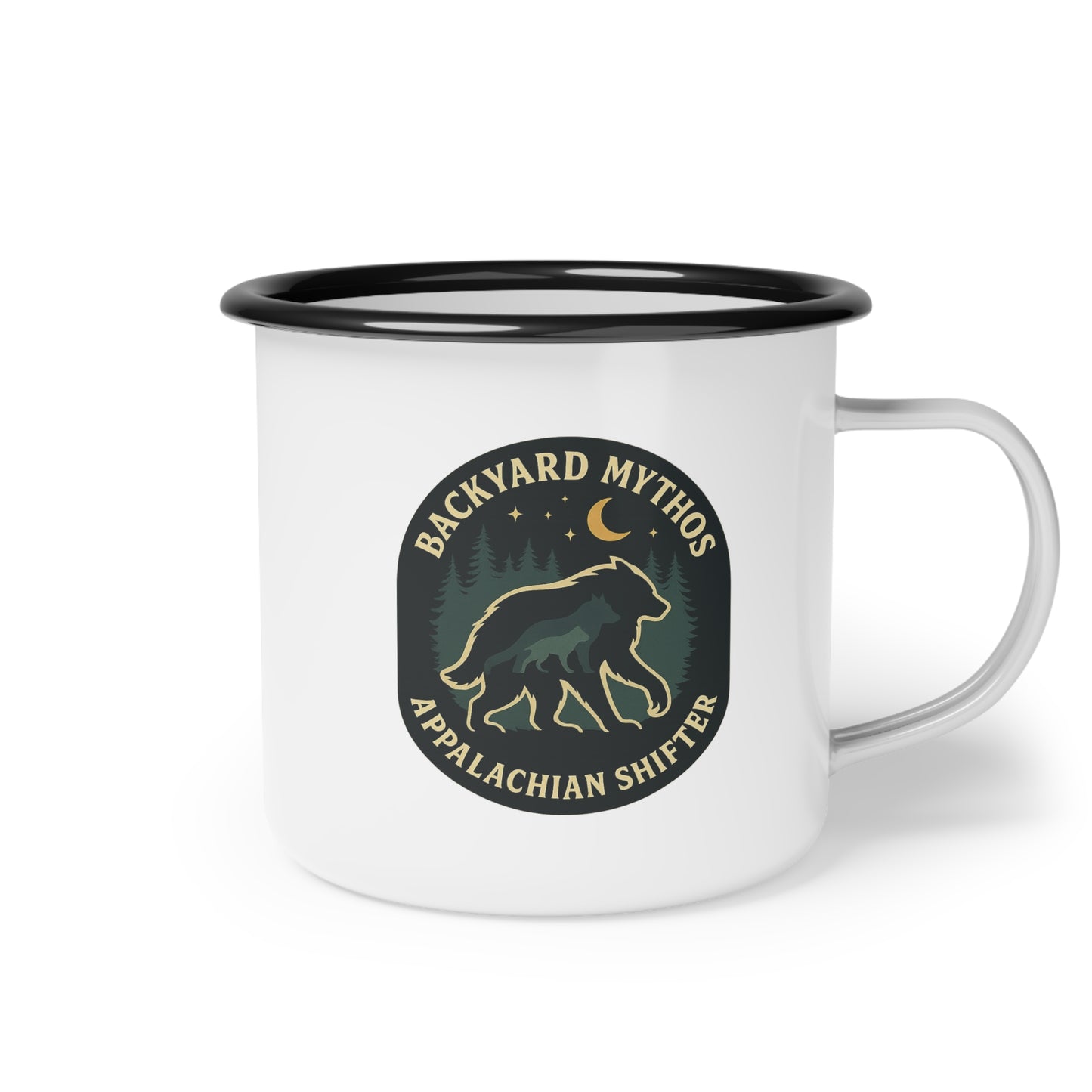 Appalachian Shifter Enamel Camping Mug – Shape-Shifter Cryptid Design