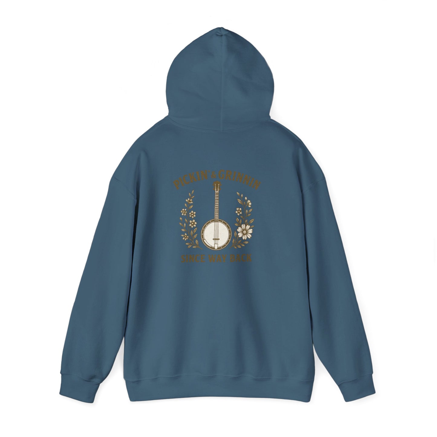 Vintage hoodie Sweatshirt with Pickin and Grinnin Banjo design on the back for bluegrass lovers