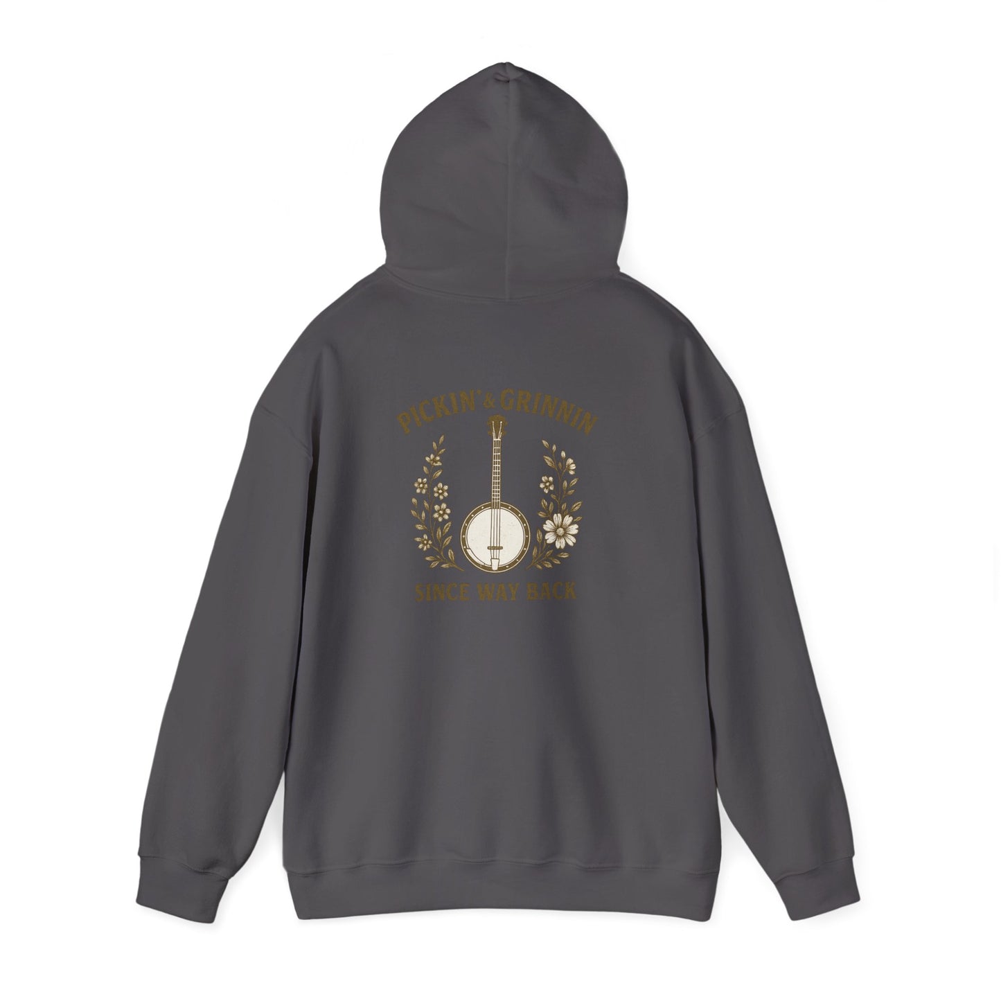 Vintage hoodie Sweatshirt with Pickin and Grinnin Banjo design on the back for bluegrass lovers